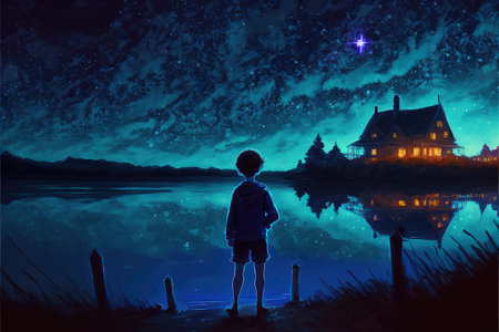night scenery of the boy and a house in a strange place , digital art style, illustration painting, fantasy concept of a boy and a house in a strange placeの素材