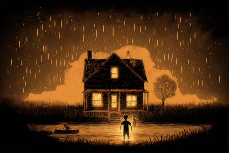 night scenery of the boy and a house in a strange place , digital art style, illustration painting, fantasy concept of a boy and a house in a strange placeの素材