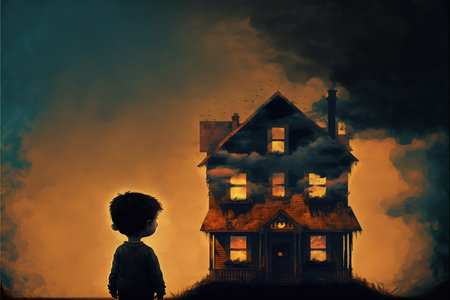 night scenery of the boy and a house in a strange place , digital art style, illustration painting, fantasy concept of a boy and a house in a strange placeの素材