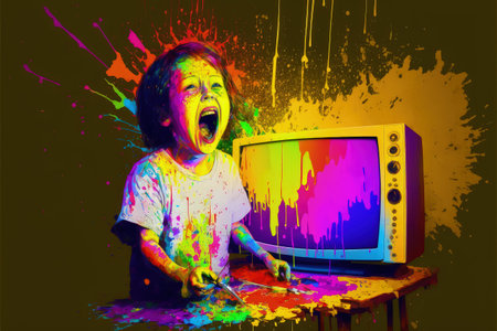 girl messed with colorful light from the big television, rainbow paint drops from retro TV , digital art style, illustration painting, fantasy concept of a girl near colorful TVの素材