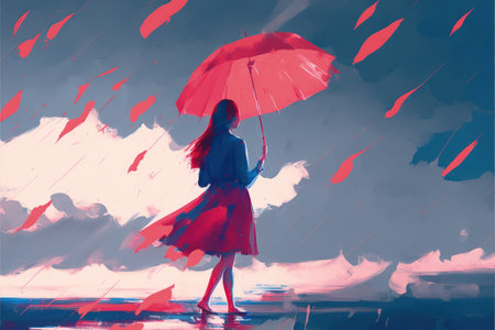 girl with red umbrella makes a swirling water in the sky , digital art style, illustration painting, fantasy concept of a girl with red umbrellaの素材