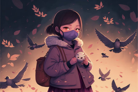 little girl with a mask feeding birds in evening time , digital art style, illustration painting, fantasy concept of a girl feeding birdsの素材