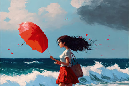 girl with red umbrella makes a swirling water in the sky , digital art style, illustration painting, fantasy concept of a girl with red umbrellaの素材