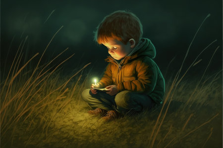 night scene showing young boy with a little moon in his hands sitting on meadow , digital art style, illustration painting, fantasy concept of a young boy in the meadowの素材
