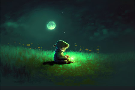 night scene showing young boy with a little moon in his hands sitting on meadow , digital art style, illustration painting, fantasy concept of a young boy in the meadowの素材