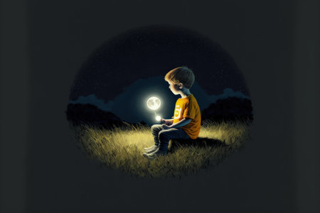 night scene showing young boy with a little moon in his hands sitting on meadow , digital art style, illustration painting, fantasy concept of a young boy in the meadowの素材