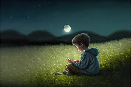night scene showing young boy with a little moon in his hands sitting on meadow , digital art style, illustration painting, fantasy concept of a young boy in the meadowの素材