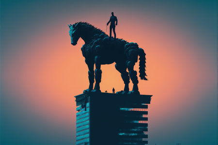 the man and his mechanized horse standing ontop building in futuristic planet , digital art style, illustration painting, fantasy concept of roof a futuristic planetの素材