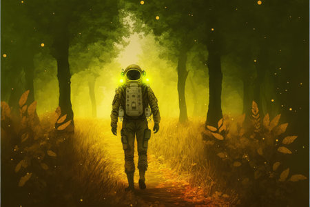 the astronaut walking in a fantastic forest with glowing spores floating around in the air , digital art style, illustration painting, fantasy concept of a spaceman in magic forestの素材