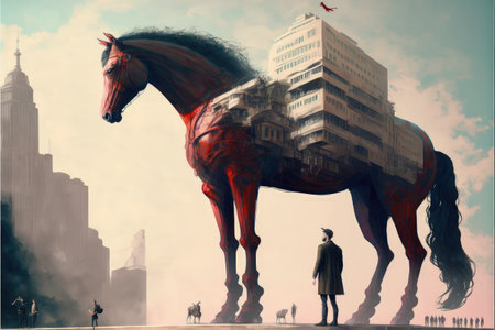 the man and his mechanized horse standing ontop building in futuristic planet , digital art style, illustration painting, fantasy concept of roof a futuristic planetの素材