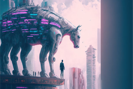 the man and his mechanized horse standing ontop building in futuristic planet , digital art style, illustration painting, fantasy concept of roof a futuristic planetの素材