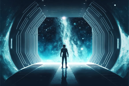 science fiction scene of the astronaut standing in front of starry tunnel entrance , digital art style, illustration painting, fantasy concept of a magic portalの素材