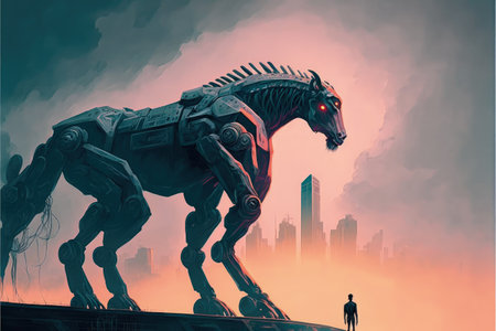 the man and his mechanized horse standing ontop building in futuristic planet , digital art style, illustration painting, fantasy concept of roof a futuristic planetの素材