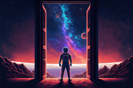 science fiction scene of the astronaut standing in front of starry tunnel entrance , digital art style, illustration painting, fantasy concept of a magic portalの素材