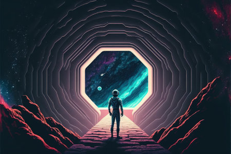 science fiction scene of the astronaut standing in front of starry tunnel entrance , digital art style, illustration painting, fantasy concept of a magic portalの素材