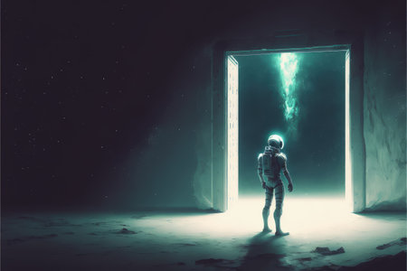 sci-fi scene of the astronaut looking at the futuristic portal , digital art style, illustration painting, fantasy concept of a astronaut looking at the futuristic portalの素材