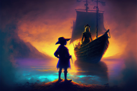 night scene of the boy on a boat looking at the witch against colorful sky , digital art style, illustration painting, fantasy concept of a boy on a boat looking at the witchの素材