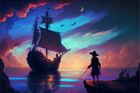 night scene of the boy on a boat looking at the witch against colorful sky , digital art style, illustration painting, fantasy concept of a boy on a boat looking at the witchの素材