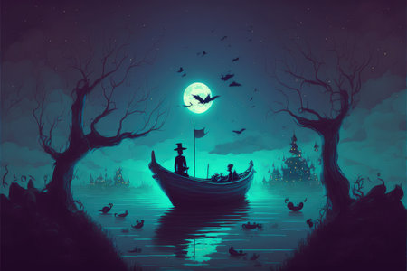 night scene of the boy on a boat looking at the witch against colorful sky , digital art style, illustration painting, fantasy concept of a boy on a boat looking at the witchの素材
