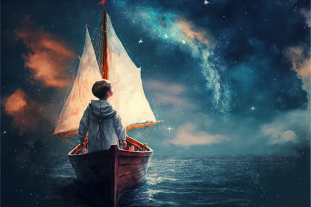 little boy rowing a boat in the sea and looking at the sailing ship floating in starry sky , digital art style, illustration painting, fantasy concept of a little boy rowing a boatの素材