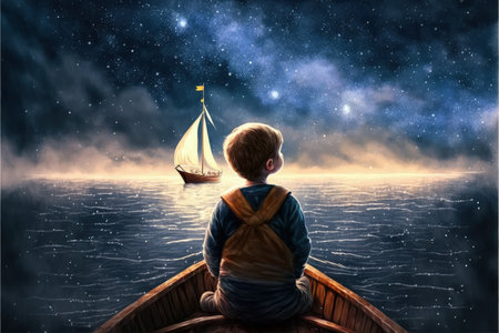 little boy rowing a boat in the sea and looking at the sailing ship floating in starry sky , digital art style, illustration painting, fantasy concept of a little boy rowing a boatの素材