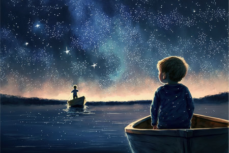 little boy rowing a boat in the sea and looking at the sailing ship floating in starry sky , digital art style, illustration painting, fantasy concept of a little boy rowing a boatの素材