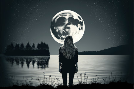 night scenery of young woman looking at the fallen moon on the lake , digital art style, illustration painting, fantasy concept of a woman under the moonの素材