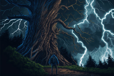 hiker looking at lightning above the giant tree , digital art style, illustration painting, fantasy concept of a hiker near the treeの素材
