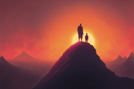 silhouette of father and son standing on the mountain looking at the sun rising in the sky , digital art style, illustration painting, fantasy concept of a silhouette of father and sonの素材