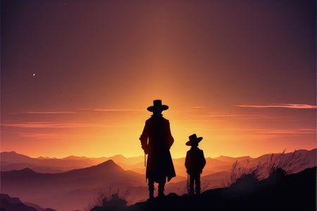 silhouette of father and son standing on the mountain looking at the sun rising in the sky , digital art style, illustration painting, fantasy concept of a silhouette of father and sonの素材