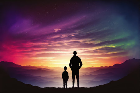 silhouette of father and son standing on the mountain looking at the sun rising in the sky , digital art style, illustration painting, fantasy concept of a silhouette of father and sonの素材
