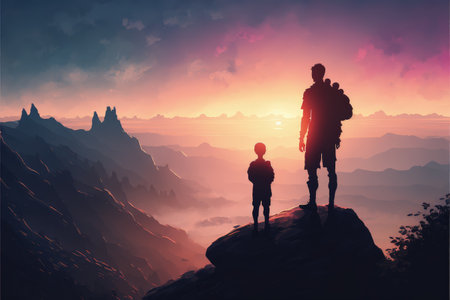 silhouette of father and son standing on the mountain looking at the sun rising in the sky , digital art style, illustration painting, fantasy concept of a silhouette of father and sonの素材
