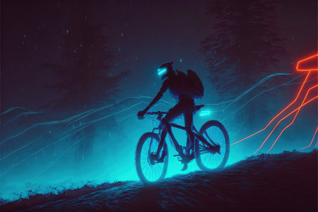 man riding a mountain bike with neon lights on wheels at night , digital art style, illustration painting, fantasy concept of a man on a bikeの素材