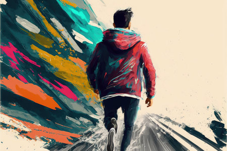 back view of man running with motion effect , digital art style, illustration painting, fantasy concept of a man runningの素材