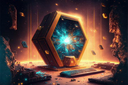 futuristic workspace with sparkling particles floating out of glowing screen , digital art style, illustration painting, fantasy concept of a futuristic workspaceの素材