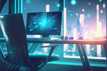 futuristic workspace with sparkling particles floating out of glowing screen , digital art style, illustration painting, fantasy concept of a futuristic workspaceの素材
