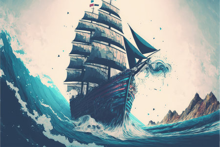 sailing ship on wave of ocean into abandoned city , digital art style, illustration painting, fantasy concept of a abandoned cityの素材