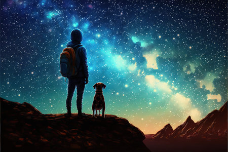 young hiker with backpack and a dog standing on the rock and looking at stars in the night sky , digital art style, illustration painting, fantasy concept of a hiker with his dogの素材
