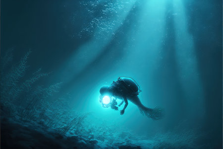 fantasy underwater scene of diver found a mysterious light while diving , digital art style, illustration painting, fantasy concept of a diverの素材