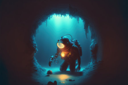 fantasy underwater scene of diver found a mysterious light while diving , digital art style, illustration painting, fantasy concept of a diverの素材