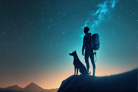 young hiker with backpack and a dog standing on the rock and looking at stars in the night sky , digital art style, illustration painting, fantasy concept of a hiker with his dogの素材