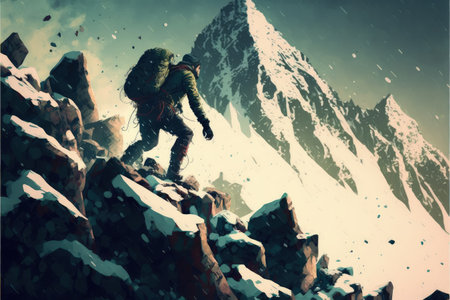 scene of the climber man and snow rocks falling rapidly down a mountainside , digital art style, illustration painting, fantasy concept of a climber manの素材