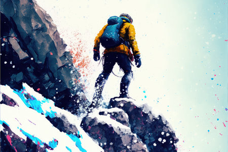 scene of the climber man and snow rocks falling rapidly down a mountainside , digital art style, illustration painting, fantasy concept of a climber manの素材