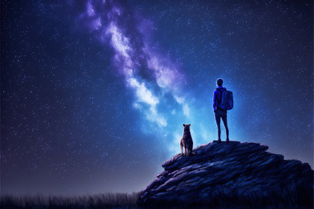 young hiker with backpack and a dog standing on the rock and looking at stars in the night sky , digital art style, illustration painting, fantasy concept of a hiker with his dogの素材