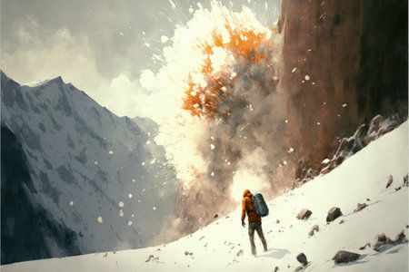 scene of the climber man and snow rocks falling rapidly down a mountainside , digital art style, illustration painting, fantasy concept of a climber manの素材