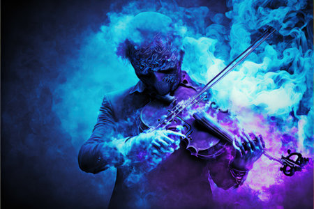surreal concept of the mystery musician with colored smoke playing a violin , digital art style, illustration painting, fantasy concept of a musician with colored smoke playing a violinの素材