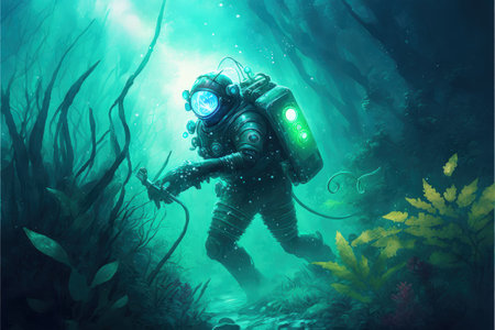 fantasy underwater scene of diver found a mysterious light while diving , digital art style, illustration painting, fantasy concept of a diverの素材