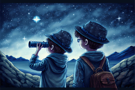 night scene of two brothers outdoors, little boy looking through a telescope at stars in the sky , digital art style, illustration painting, fantasy concept of a night skyの素材