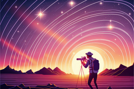 young photographer taking picture of sunrise sky with star trails , digital art style, illustration painting, fantasy concept of a young photographer taking pictureの素材