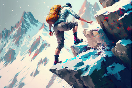 scene of the climber man and snow rocks falling rapidly down a mountainside , digital art style, illustration painting, fantasy concept of a climber manの素材